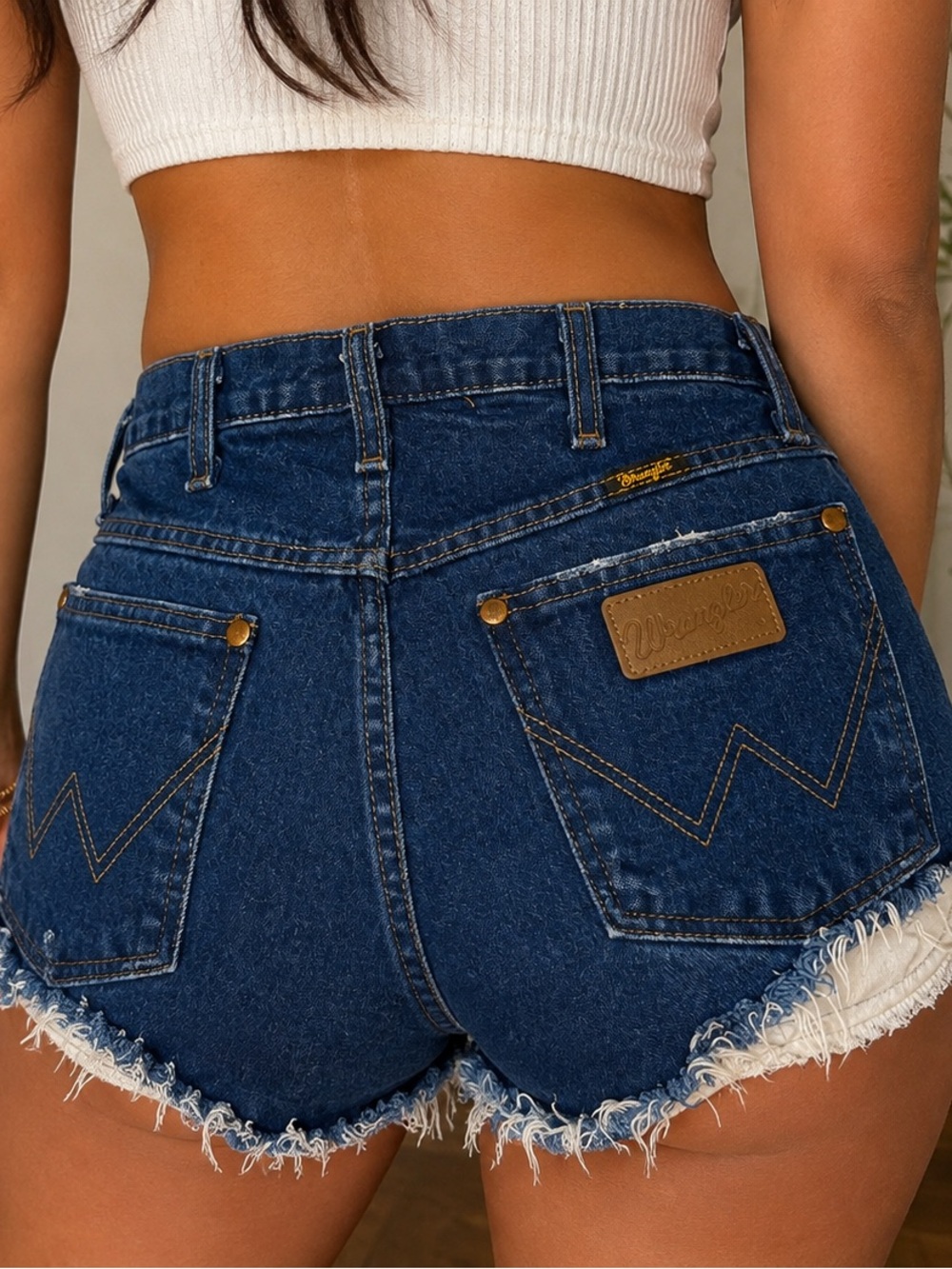 Wrangler Dark Blue Frayed Hem Denim Shorts